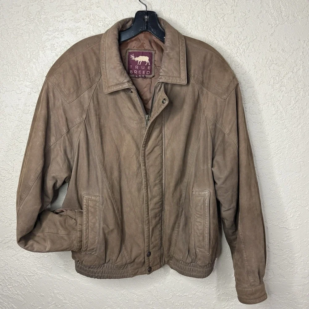 VTG True Breed Men's Distressed Brown Leather Retro Bomber Jacket Size L Aviator